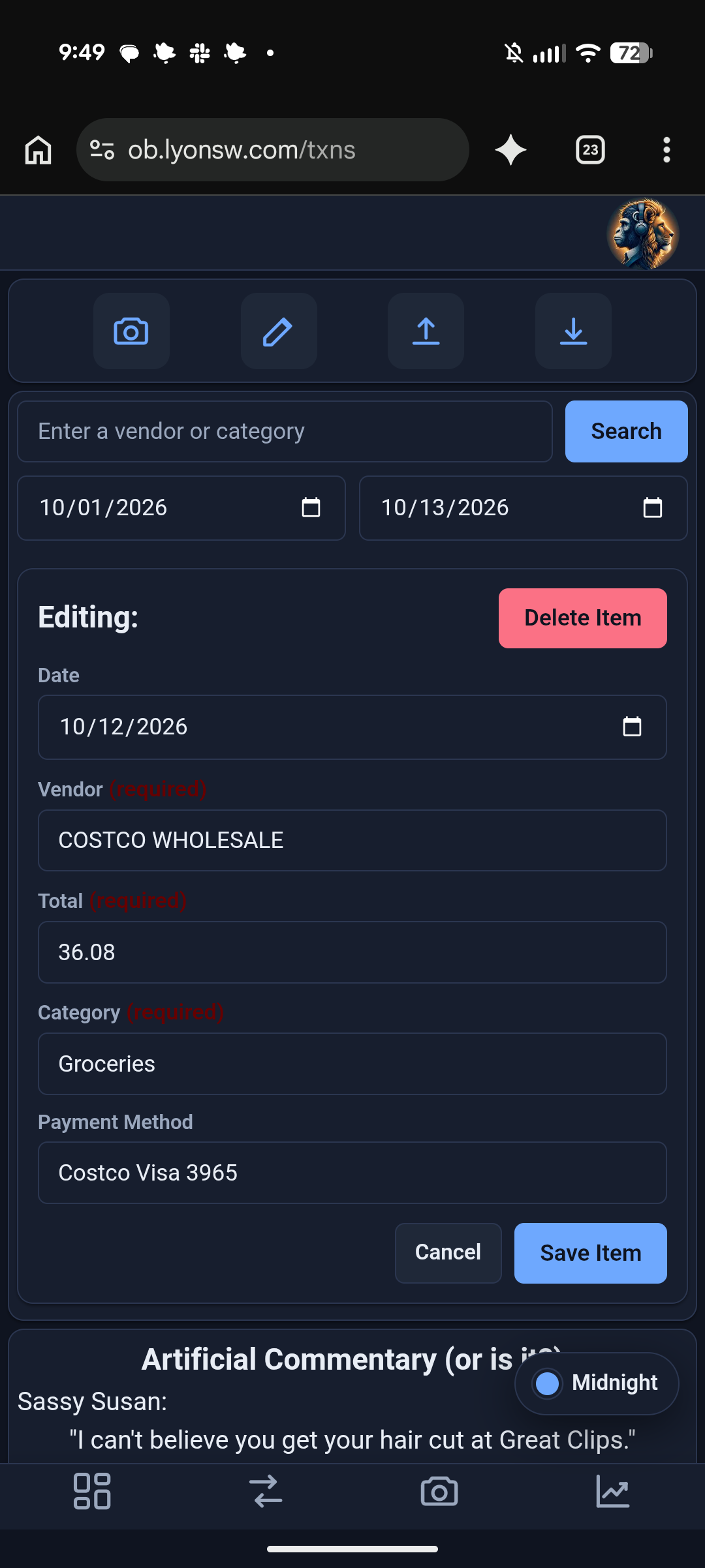 the manual receipt entry form